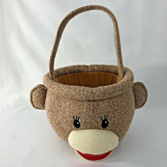 Atico Other - Sock Monkey Basket Plush Stuffed Animal Halloween Brown With Handle Candy Bucket